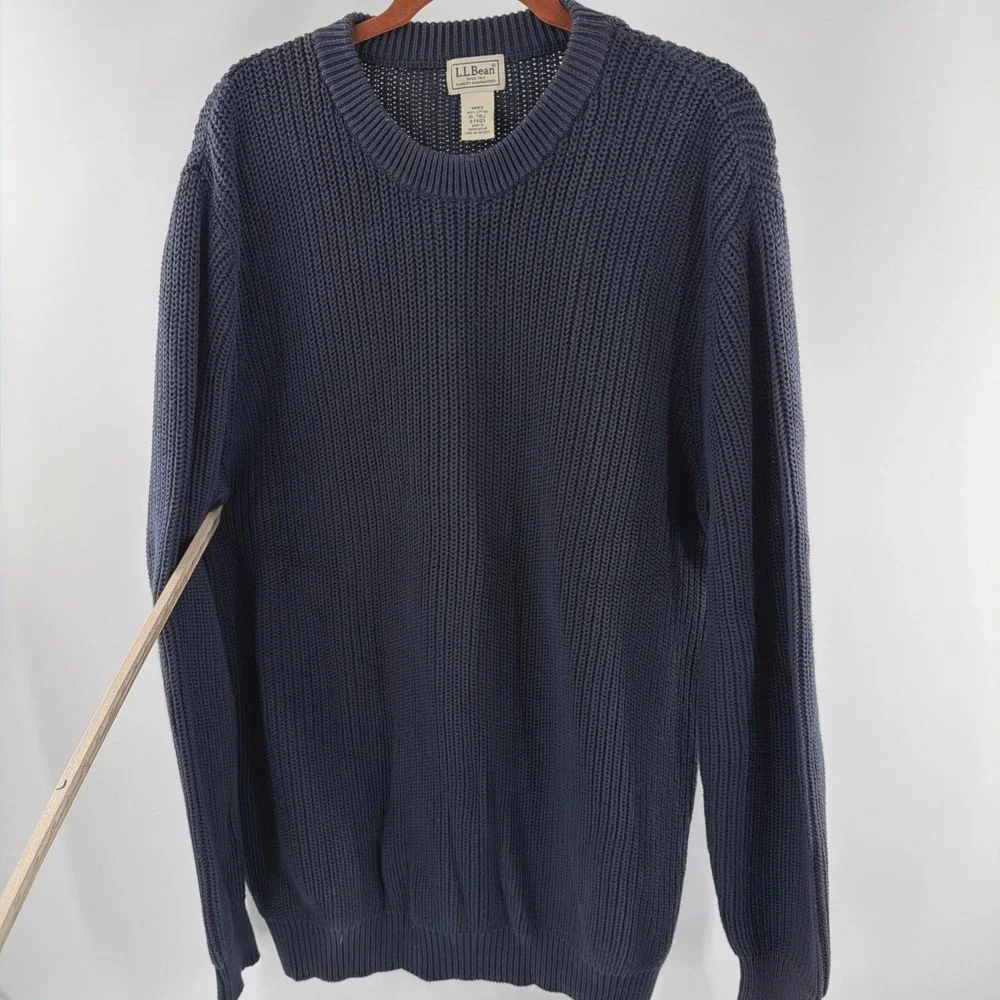 L.L. Bean Ribbed Sweater Men's XL Tall Blue Heavy Knit Cotton Crew Neck Retro